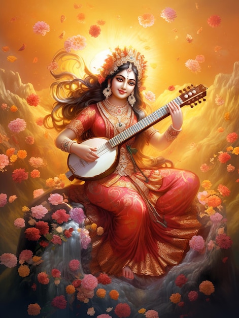 illustratie van Saraswati devi godin Happy Vasant Panchami