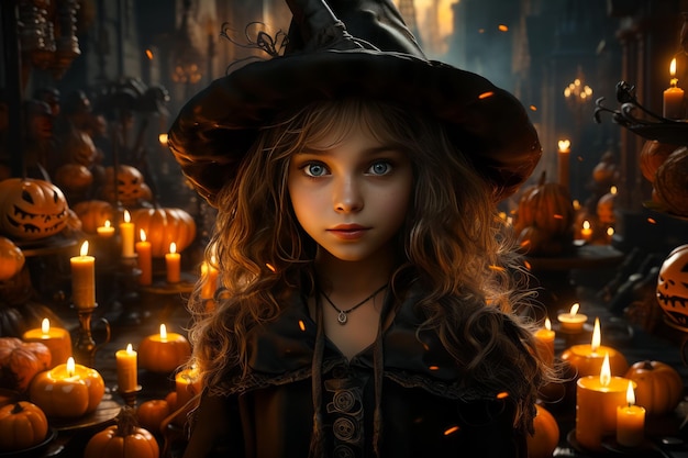 illustratie van schattige kleine heks omringd door Halloween Jacko'lanterns gesneden pompoenen