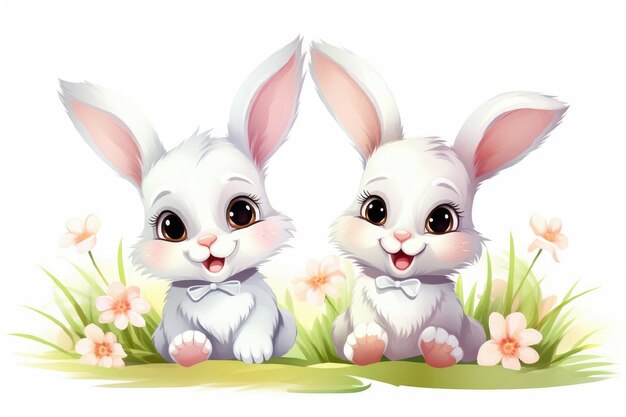 Illustratie van schattige konijnen met bloemen op een witte achtergrond