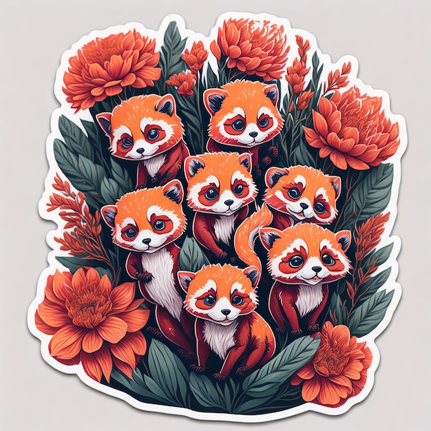 Illustratie van schattige rode panda's met bloemen sticker stijl