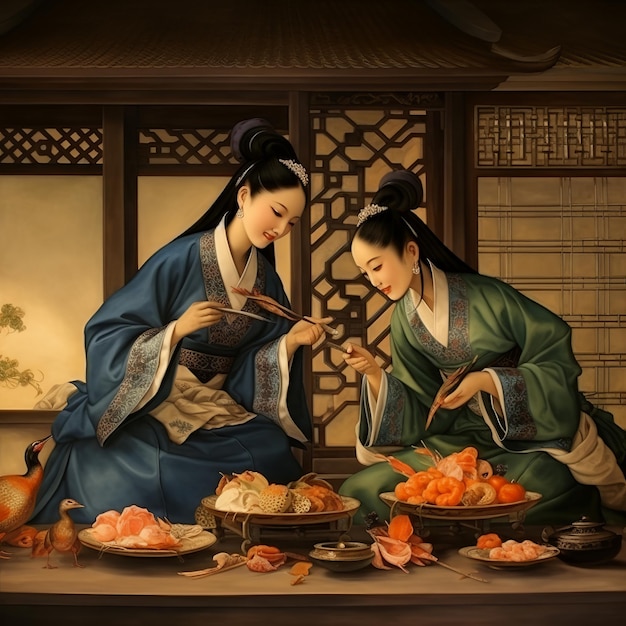 illustratie van schoonheden uit de Tang-dynastie vertrouwen op geroosterde eend