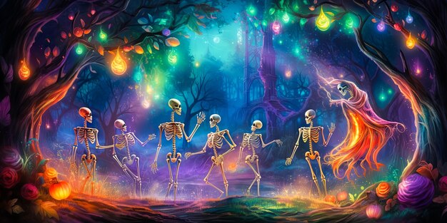 illustratie van skeletten die dansen op Halloween-discofeest