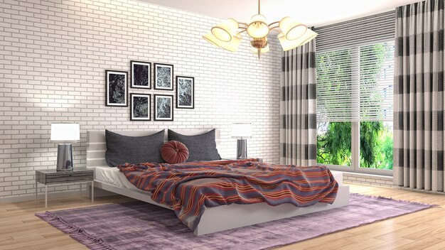 Illustratie van slaapkamerbinnenland. 3D render