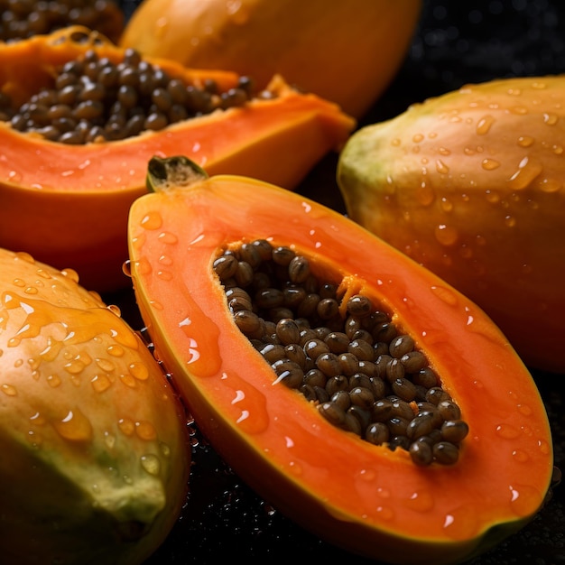 illustratie van smakelijke verse watertandende papaja's met waterdruppels