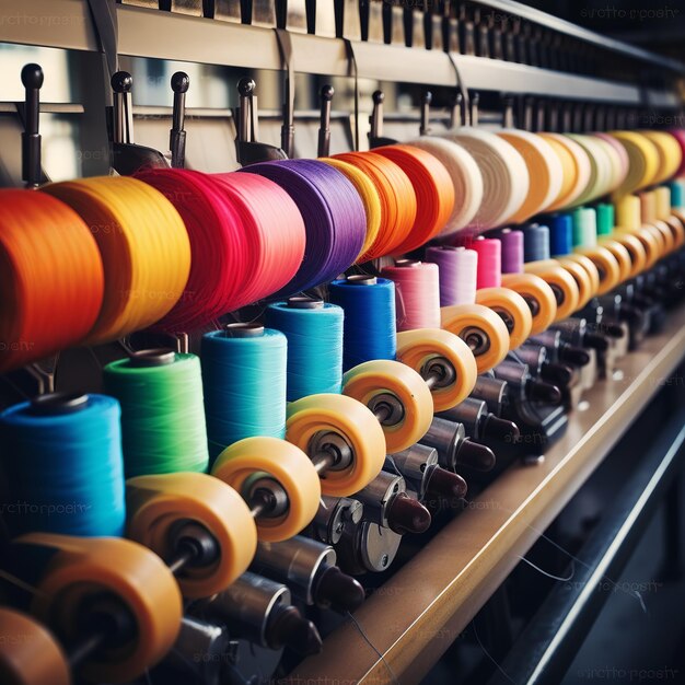 illustratie van Spools of color threads close-up spinning machine