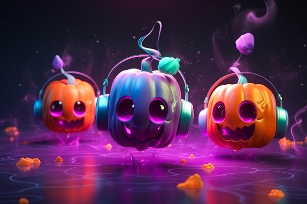 Illustratie van sprookjespompoenen in hoofdtelefoons Halloween-concept