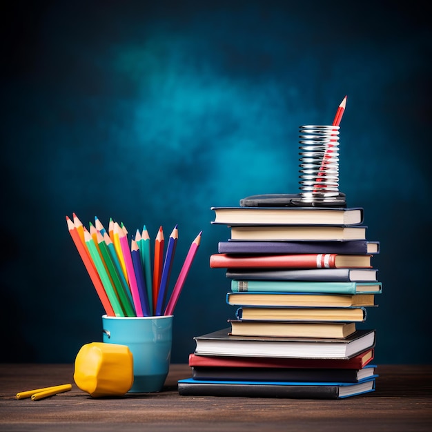 illustratie van stapel boeken en potloden op schooltafel tegen