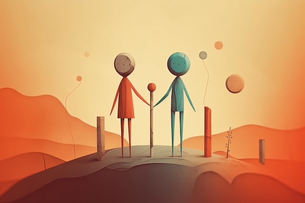 Illustratie van twee houten stokfiguren van vrienden hand in hand op vriendschap dag wenskaart