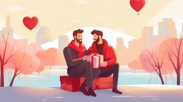 Illustratie van twee jonge jongens homo-paar mannen geven een geschenk aan e