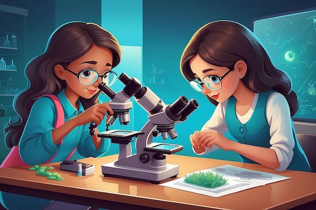 Illustratie van twee meisjes die een microscoop gebruiken