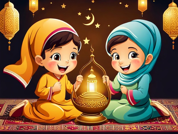 Illustratie van twee vrolijke kinderen die de Ramadan vieren