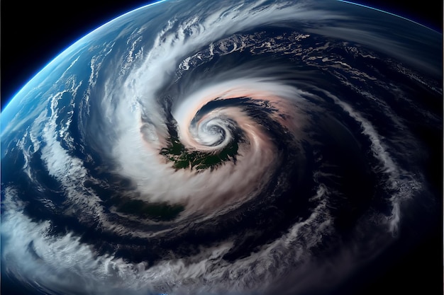 Illustratie van tyfoon over planeet Aarde die orkaan AI monitort