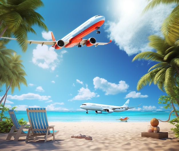Illustratie van vakantie op een tropisch zonnig strand en prachtig zand per vliegtuig