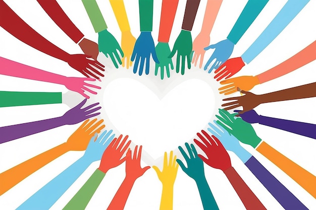 Foto illustratie van veelkleurige mensen die hand in hand een hart vormen, wat diversiteit, teamwerk en zorg symboliseert.