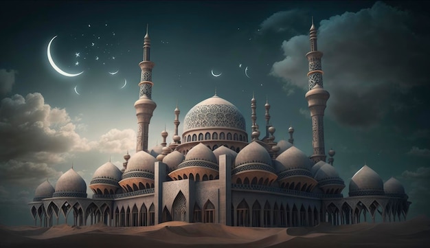 Illustratie van verbazingwekkend architectuurontwerp van moslimmoskee ramadan kareem islamitische architectuurachtergrond ramadan kareem Islamitische moskee Ramdan ramzan eid-cultuur arabisch Ai genereren