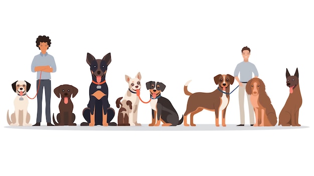 Illustratie van verschillende honden met hun eigenaren van verschillende rassen en maten