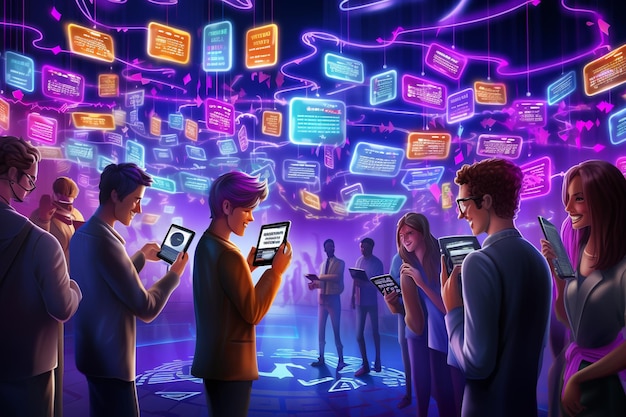 illustratie van verschillende mensen die genieten van toekomstige technologie