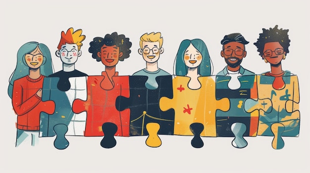 Illustratie van verschillende personages verenigd als stukjes van een puzzel die teamwerk en eenheid symboliseren