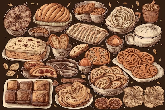 Illustratie van verschillende soorten brood en gebak weergegeven op een houten tafel Generatieve AI