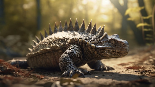 Illustratie van verschillende soorten dinosaurussen in het binnenland van het bos 3D-realistisch
