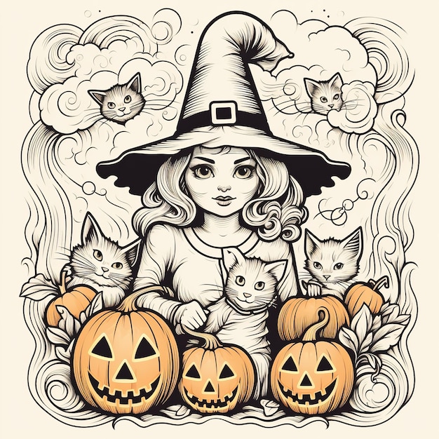 illustratie van Vintage Halloween-afbeelding met heksenkat en jackolant Generatieve ai