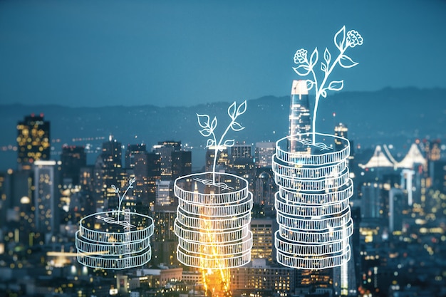 Illustratie van virtueel geld besparen op de achtergrond van de skyline van San Francisco Pensioensparen en kapitaalverhoging concept Multiexposure