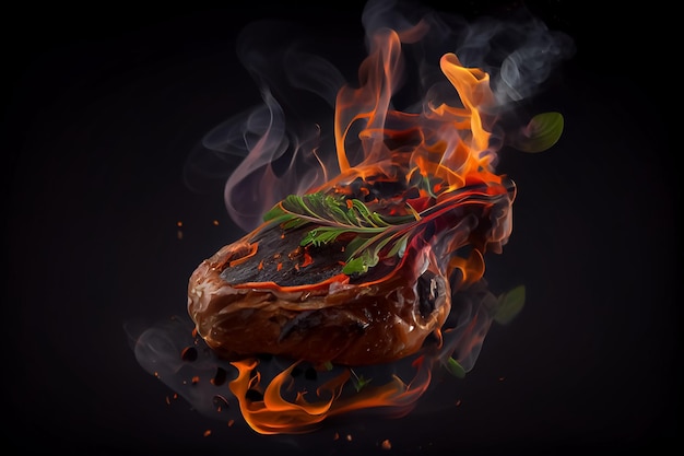 Illustratie van vlees met kruiden en rook AI