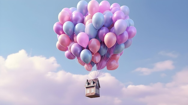 illustratie van vliegend huis met veel ballon