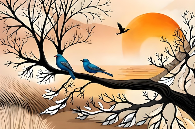 Illustratie van vogels die op een boomtak zitten met een zonsondergang op de achtergrond generatieve ai