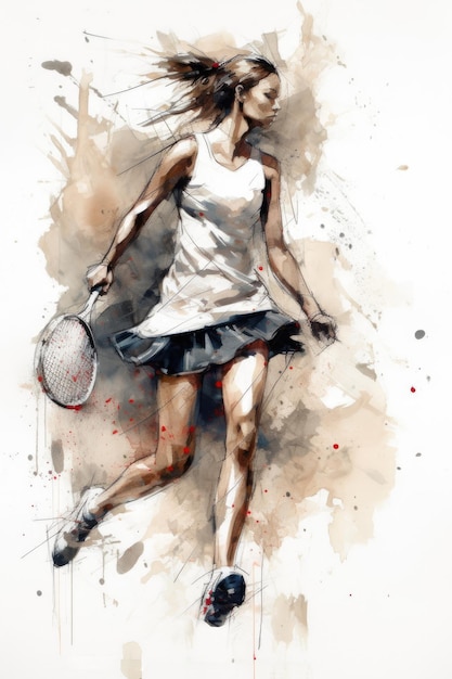 Illustratie van vrouw tennisser in stijl van aquarel met spatten ai generatief