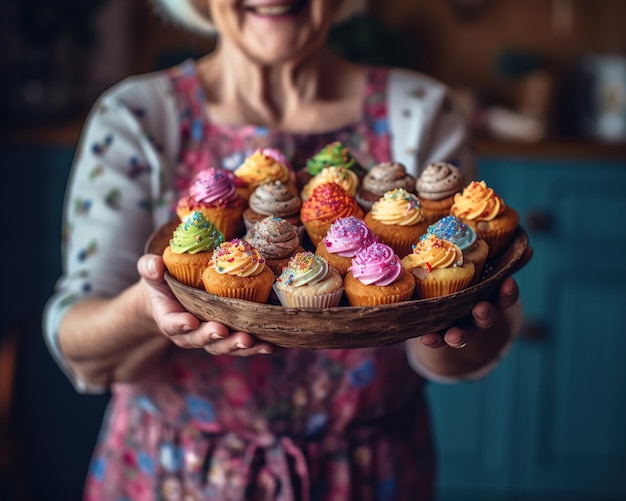 Illustratie van vrouwelijke handen die verjaardag cupcakes op dienblad houden