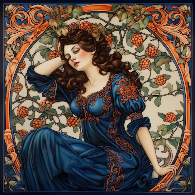 Foto illustratie van vrouwen met bloemen en bladeren ornament met art nouveau stijl ai gegenereerd