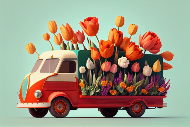 Foto illustratie van wagen vol bloemenbezorging voor moederdagconcept ai