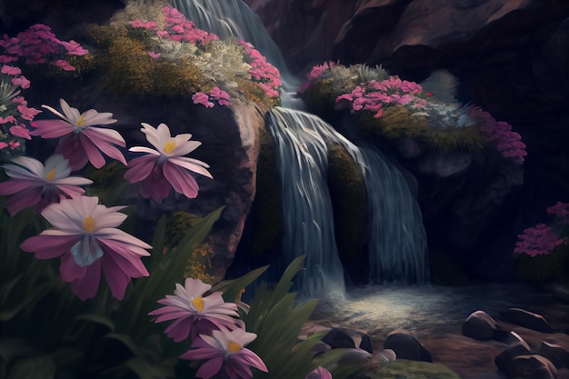 Illustratie van waterval met bloesembloemen AI