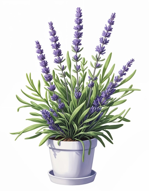 Foto illustratie van weelderige lavendel in een witte pot op een witte achtergrond