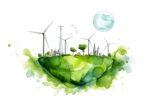 Illustratie van windturbines groene energie voor de stad witte achtergrond Generatieve AI 6