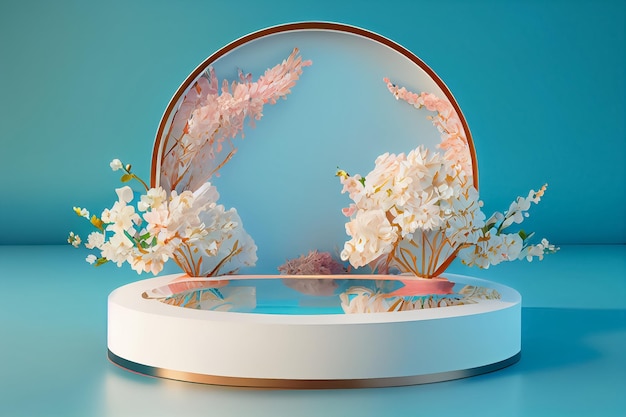 Illustratie van wit podiumpodium voor cosmetisch product met AI van de witte bloembank