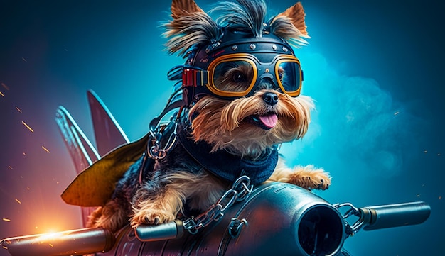 Illustratie van Yorkshire terrier met vliegerbril Hondpiloot in vliegtuig Generatieve AI