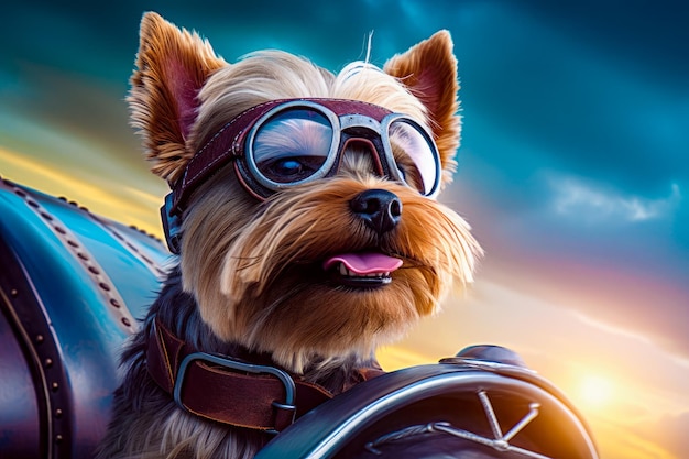 Illustratie van Yorkshire terrier met vliegerbril Hondpiloot in vliegtuig Generatieve AI