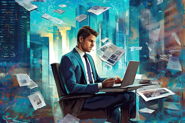 Illustratie van zakenman aan het werk met digitaal document op virtueel scherm