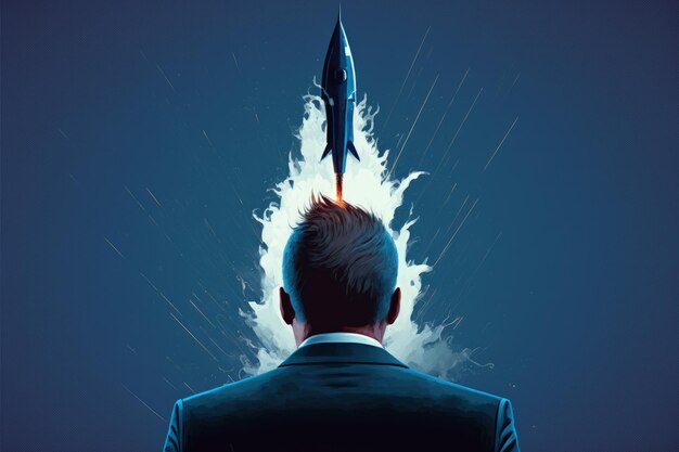 Illustratie van zakenman en raket bedrijfsconcept donkerblauwe achtergrond Generatieve AI