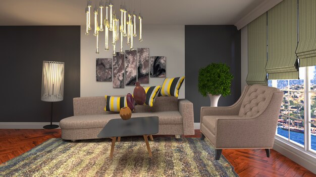 Illustratie van Zero Gravity Sofa zwevend in de woonkamer