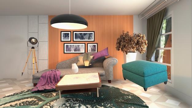 Illustratie van Zero Gravity Sofa zwevend in de woonkamer