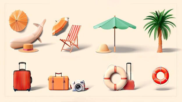 Foto illustratie van zomervakantie-opstelling met beach slide lounge chair en reisaccessoires