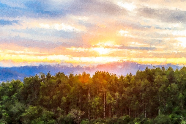 Illustratie van zonsondergang in olieverftextuur