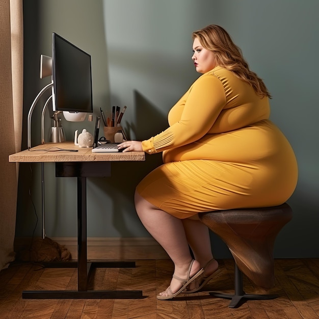 Foto illustratie van zwaarlijvige jonge vrouw die aan een bureau verblijft met een laptop