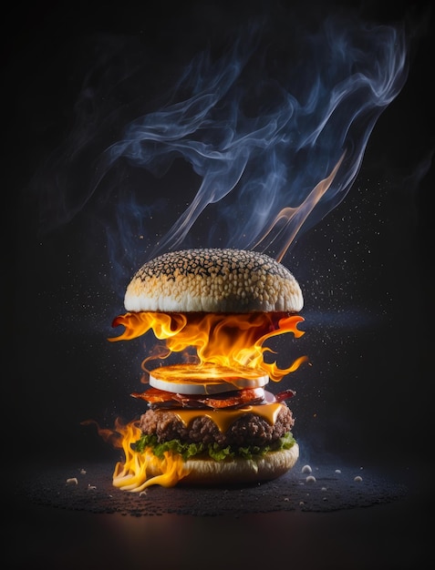 Illustratie van zwevende heerlijke hamburger in brand op donkere achtergrond generatieve ai