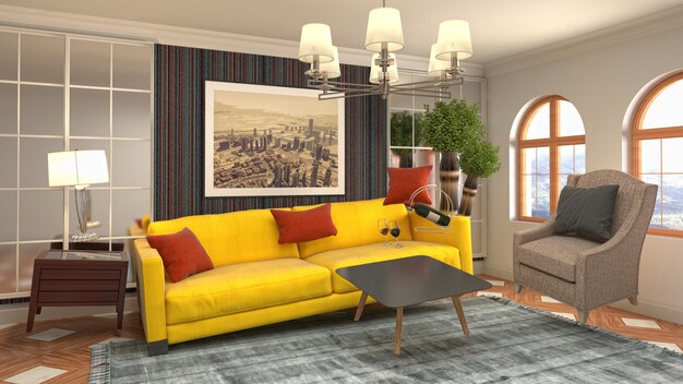 Illustratie van zwevende meubels in de woonkamer