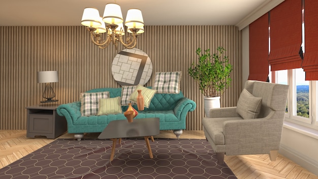 Illustratie van zwevende meubels in de woonkamer