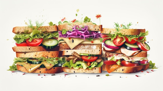 Illustratie veganistische sandwiches met groenten en microgreens op een lichte achtergrond close-up